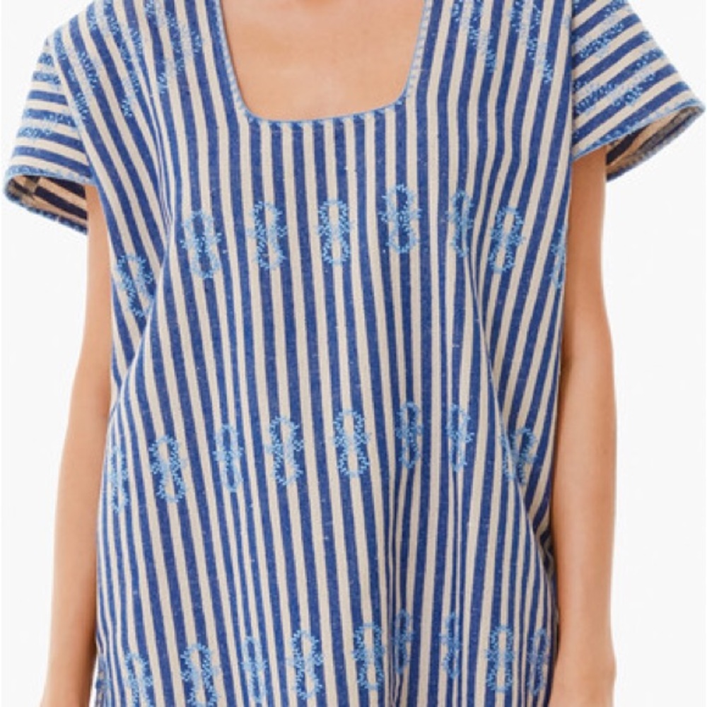 Tuckernuck Sullivan Mini Blue Stripe Embroidered Canvas Caftan Dress